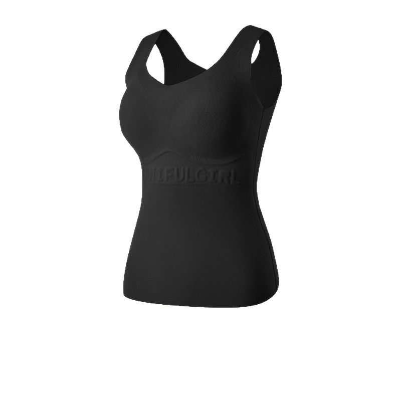 Vestă termică pentru femei, cu cupe fixate și design fără cusături; model cu litere/text; material: fibre poliesterice; funcții: modelare a corpului, căldură, protecția abdomenului