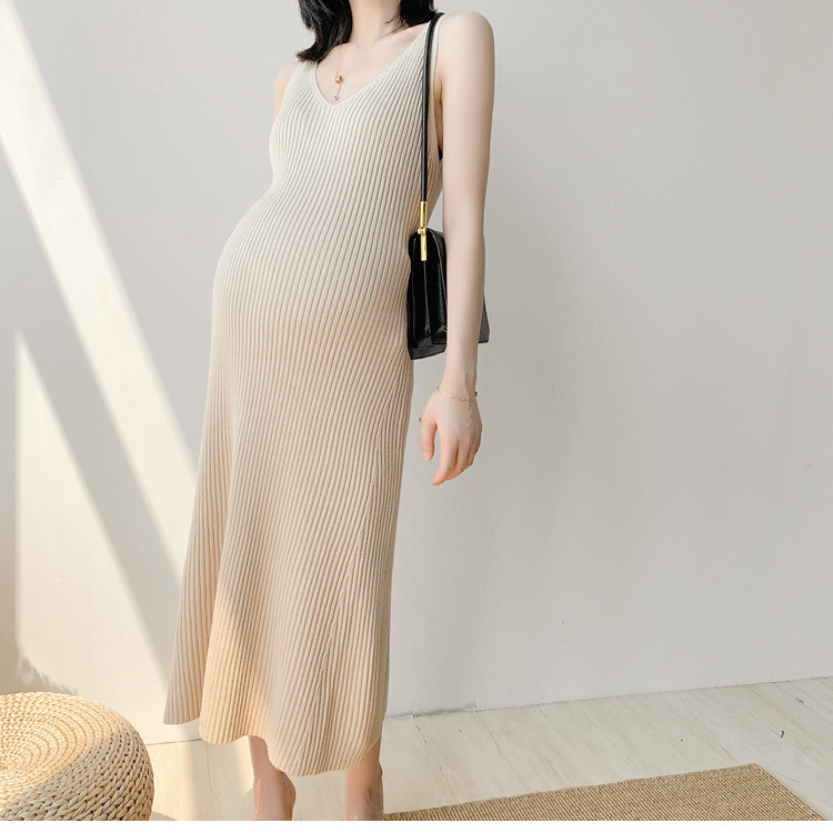 Платье без ръкав и без яка, А-силует, миди дължина, памучно трико 70–80% памук, спандекс до 30%, солидно едноцветно, пролет 2024, японско-корейски свободен стил