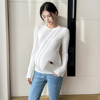 Τοπ εγκυμοσύνης με μακρύ μανίκι, στρογυλή λαιμόκοψη, μονόχρωμο, στενή γραμμή, ύφασμα 95% βαμβάκι, κατάλληλο για άνοιξη και φθινόπωρο