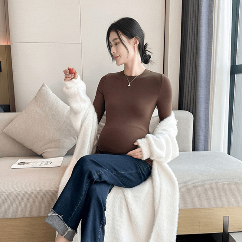 Τοπ εγκυμοσύνης με μακρύ μανίκι, στρογυλή λαιμόκοψη, μονόχρωμο, στενή γραμμή, ύφασμα 95% βαμβάκι, κατάλληλο για άνοιξη και φθινόπωρο