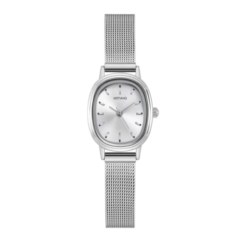 Ceas de damă cu cadran oval, mecanism quartz, curea din oțel inoxidabil, carcasă din aliaj, afișaj analog