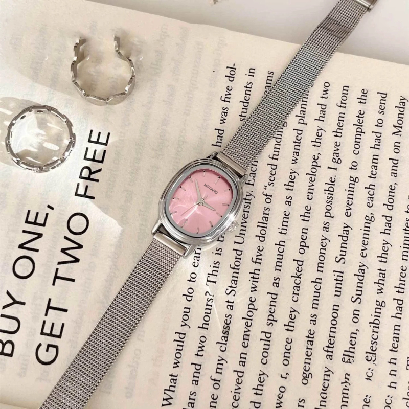 Ceas de damă cu cadran oval, mecanism quartz, curea din oțel inoxidabil, carcasă din aliaj, afișaj analog