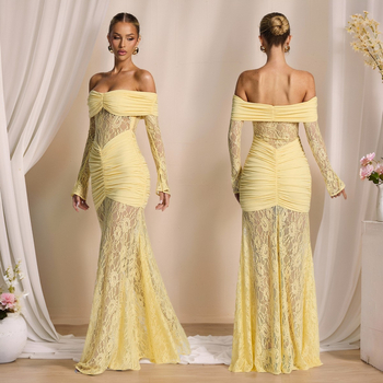 Csipkés egyvállas ruha, hosszú ujjak, magas derék, hosszú ruha