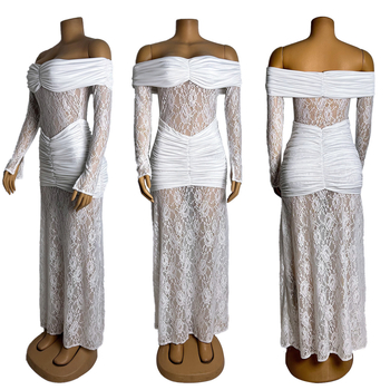 Csipkés egyvállas ruha, hosszú ujjak, magas derék, hosszú ruha