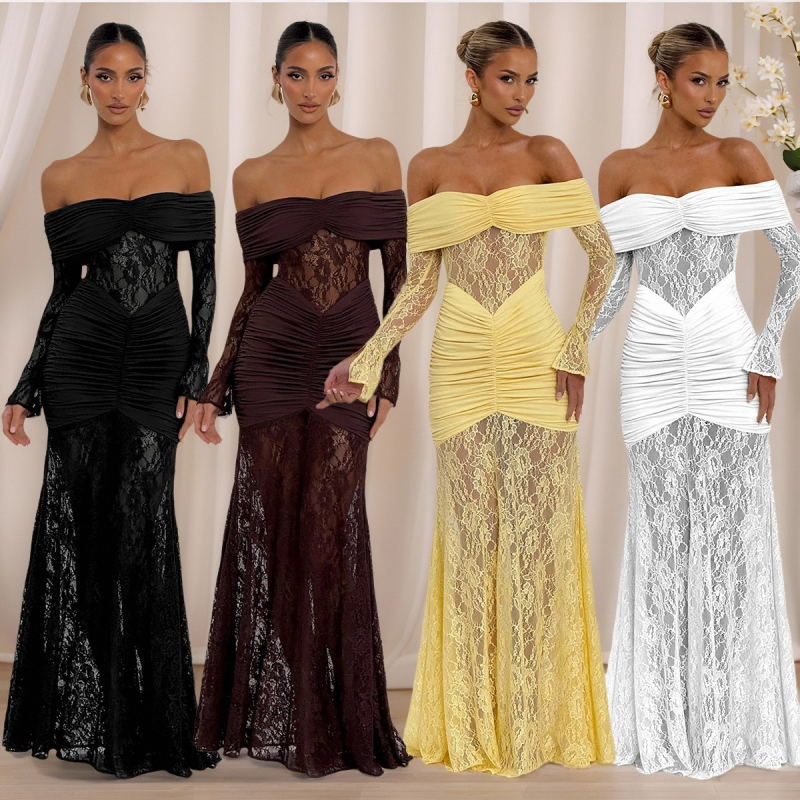 Csipkés egyvállas ruha, hosszú ujjak, magas derék, hosszú ruha