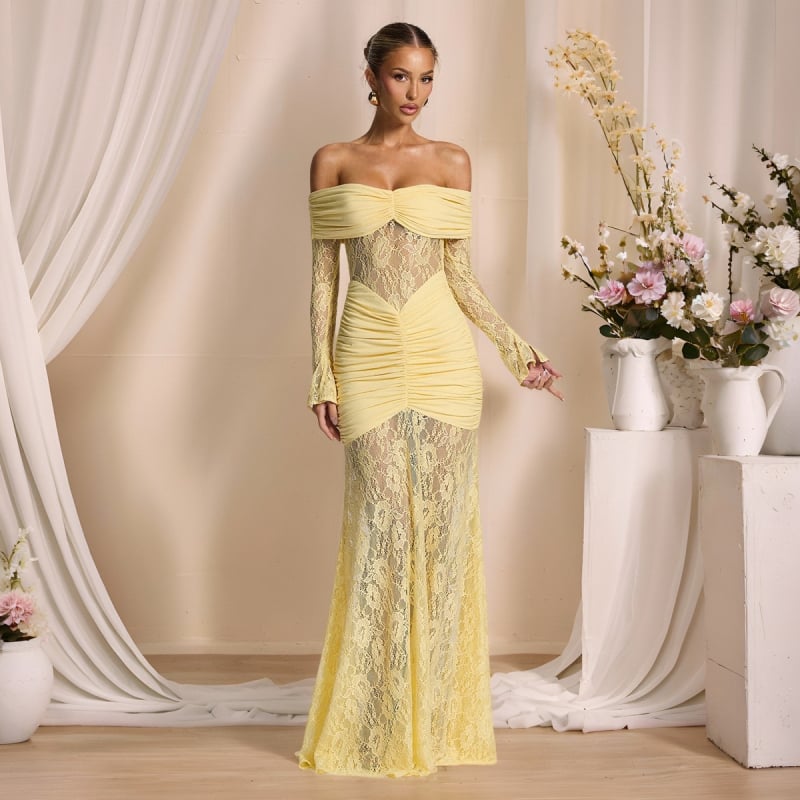 Csipkés egyvállas ruha, hosszú ujjak, magas derék, hosszú ruha