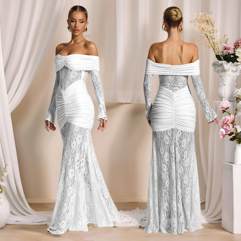 Csipkés egyvállas ruha, hosszú ujjak, magas derék, hosszú ruha