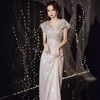 Rochie de seară cu decolteu în V și paiete, siluetă prințesă cu bustle, talie înaltă, fustă lungă, mâneci 3/4
