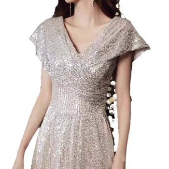 Rochie de seară cu decolteu în V și paiete, siluetă prințesă cu bustle, talie înaltă, fustă lungă, mâneci 3/4
