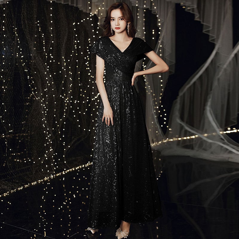 Rochie de seară cu decolteu în V și paiete, siluetă prințesă cu bustle, talie înaltă, fustă lungă, mâneci 3/4