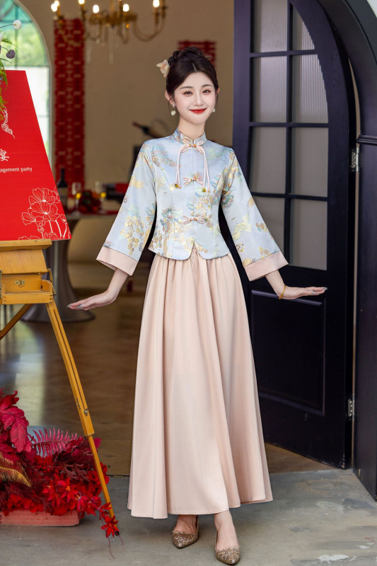 Rochie de domnișoară în stil chinezesc, talie înaltă, fustă lungă, broderie, din poliester