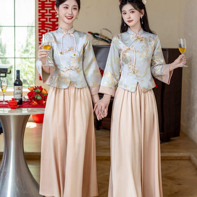 Rochie de domnișoară în stil chinezesc, talie înaltă, fustă lungă, broderie, din poliester
