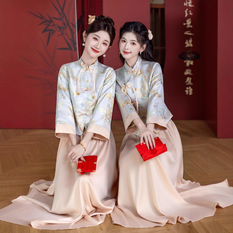 Rochie de domnișoară în stil chinezesc, talie înaltă, fustă lungă, broderie, din poliester