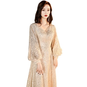 Rochie de seară în A-line, fustă lungă, decolteu adânc în V, mâneci lungi bufante, talie la mijloc