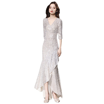 Rochie de seară sirenă cu siluetă fish-tail, talie mijlocie, mâneci 3/4, fustă lungă, poliester