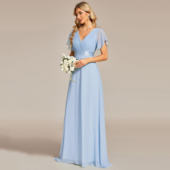 Шифонена вечерна рокля с дълбоко V-образно деколте и ръкави Feifei, полиестерова тъкан, дълга пола