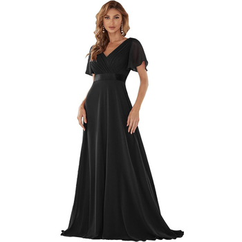 Шифонена вечерна рокля с дълбоко V-образно деколте и ръкави Feifei, полиестерова тъкан, дълга пола