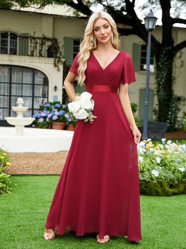 Шифонена вечерна рокля с дълбоко V-образно деколте и ръкави Feifei, полиестерова тъкан, дълга пола