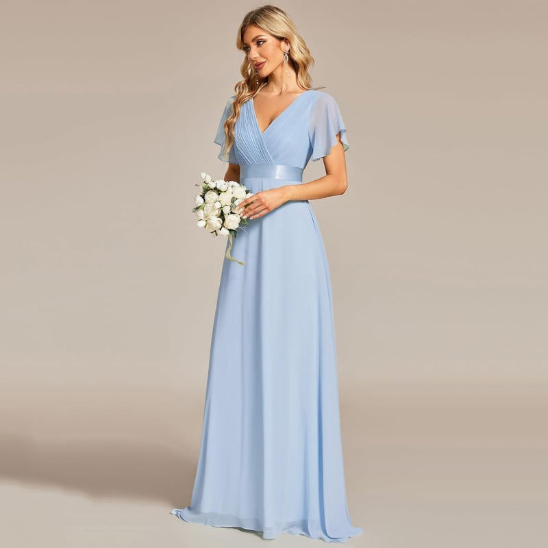 Шифонена вечерна рокля с дълбоко V-образно деколте и ръкави Feifei, полиестерова тъкан, дълга пола