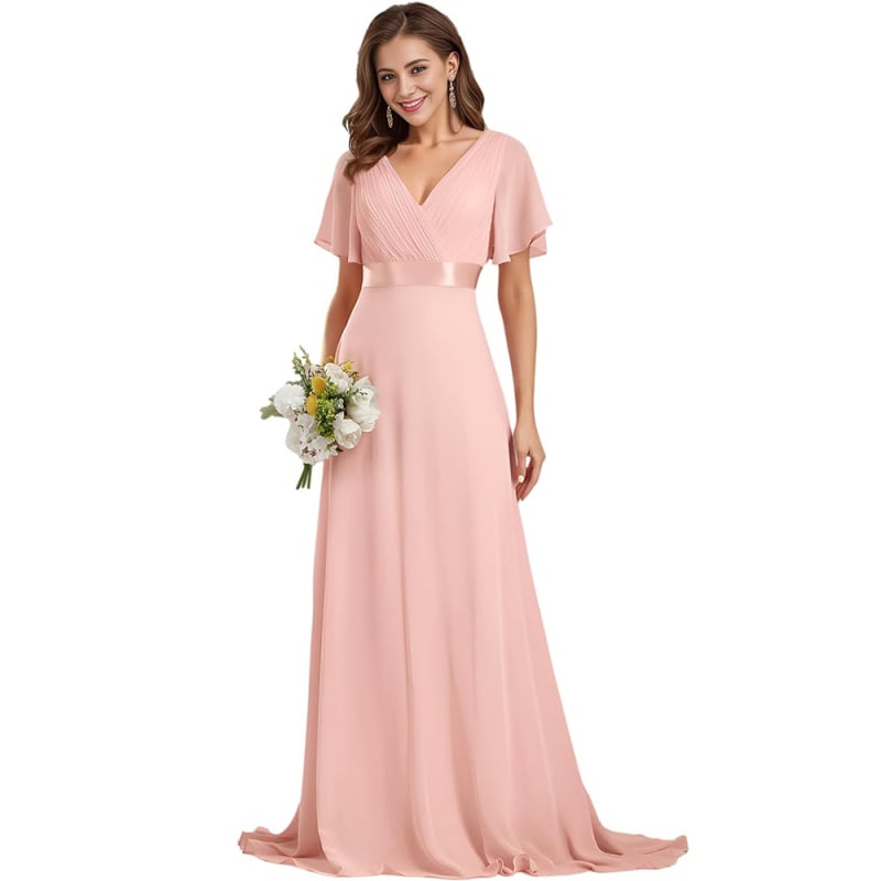 Шифонена вечерна рокля с дълбоко V-образно деколте и ръкави Feifei, полиестерова тъкан, дълга пола