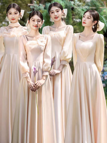 Līgavas draudzenes kleita, garas piedurknes, satīns, A‑līnijas silueta, kvadrātveida kakla izgriezums