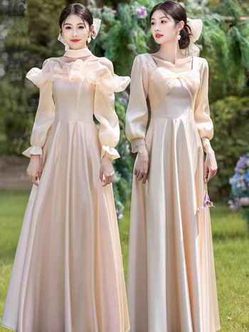 Līgavas draudzenes kleita, garas piedurknes, satīns, A‑līnijas silueta, kvadrātveida kakla izgriezums