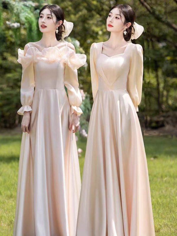 Līgavas draudzenes kleita, garas piedurknes, satīns, A‑līnijas silueta, kvadrātveida kakla izgriezums