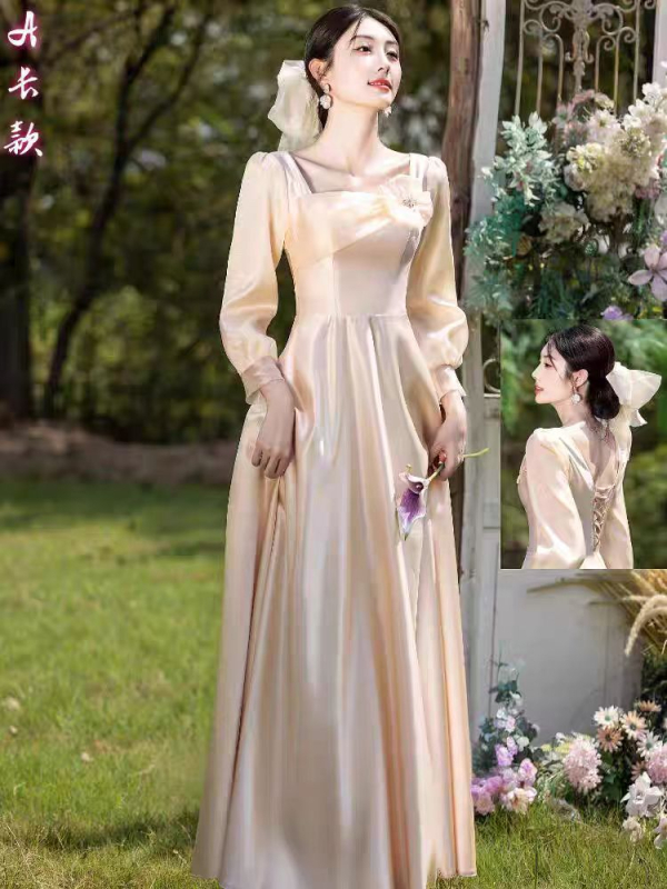 Līgavas draudzenes kleita, garas piedurknes, satīns, A‑līnijas silueta, kvadrātveida kakla izgriezums