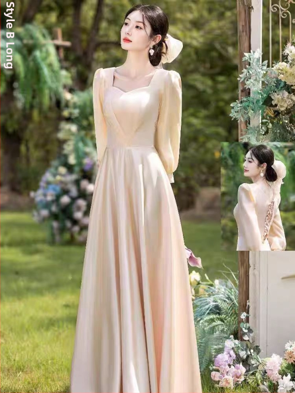 Līgavas draudzenes kleita, garas piedurknes, satīns, A‑līnijas silueta, kvadrātveida kakla izgriezums