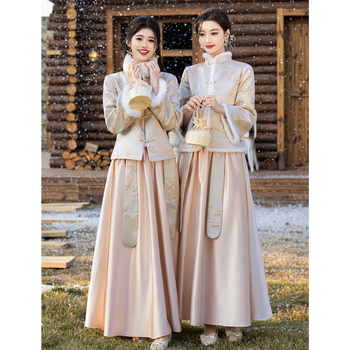 Divdaļīga līgavas māsu kleita komplekts, garas piedurknes, ķīniešu stils, satīns, poliesters, A līnijas siluets, vasaras 2025 izlaidums