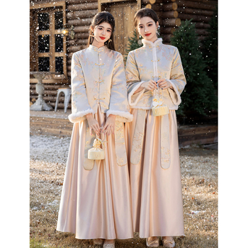 Divdaļīga līgavas māsu kleita komplekts, garas piedurknes, ķīniešu stils, satīns, poliesters, A līnijas siluets, vasaras 2025 izlaidums