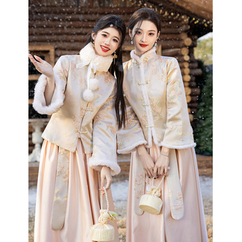 Divdaļīga līgavas māsu kleita komplekts, garas piedurknes, ķīniešu stils, satīns, poliesters, A līnijas siluets, vasaras 2025 izlaidums