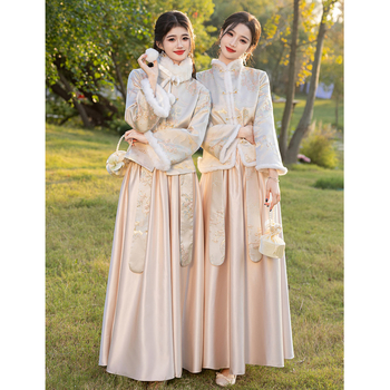 Divdaļīga līgavas māsu kleita komplekts, garas piedurknes, ķīniešu stils, satīns, poliesters, A līnijas siluets, vasaras 2025 izlaidums