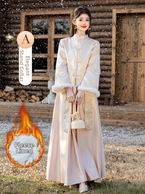 Divdaļīga līgavas māsu kleita komplekts, garas piedurknes, ķīniešu stils, satīns, poliesters, A līnijas siluets, vasaras 2025 izlaidums