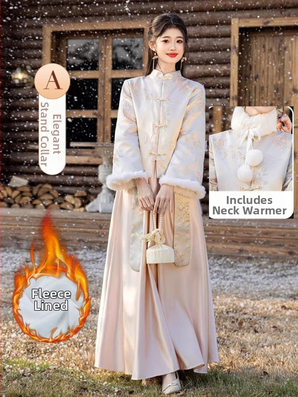 Divdaļīga līgavas māsu kleita komplekts, garas piedurknes, ķīniešu stils, satīns, poliesters, A līnijas siluets, vasaras 2025 izlaidums