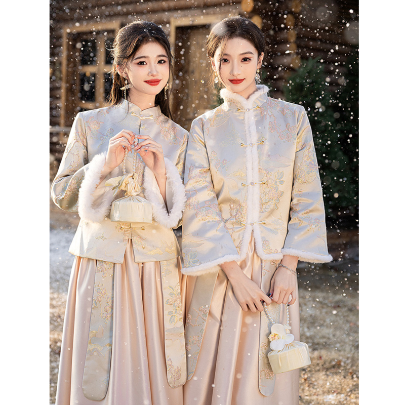 Divdaļīga līgavas māsu kleita komplekts, garas piedurknes, ķīniešu stils, satīns, poliesters, A līnijas siluets, vasaras 2025 izlaidums