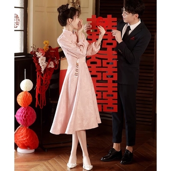 Čipao stilā midi kleita kāzām, poliesters, stāvošs apkaklis, garas burbuļu piedurknes