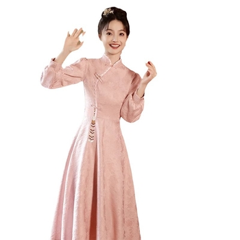 Čipao stilā midi kleita kāzām, poliesters, stāvošs apkaklis, garas burbuļu piedurknes