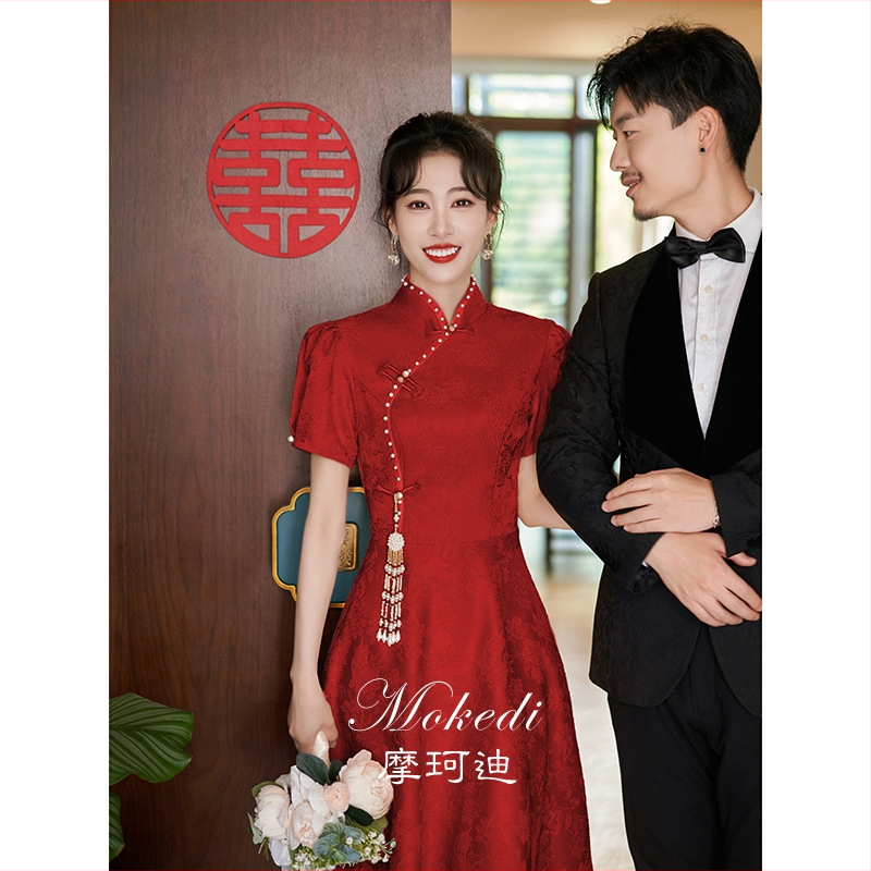 Čipao stilā midi kleita kāzām, poliesters, stāvošs apkaklis, garas burbuļu piedurknes