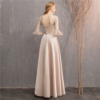 Kāzu līgavas draudzenes kleita - mežģīne, plecu atvērta, A līnija, garā svārka, 3/4 piedurknes