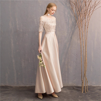 Kāzu līgavas draudzenes kleita - mežģīne, plecu atvērta, A līnija, garā svārka, 3/4 piedurknes