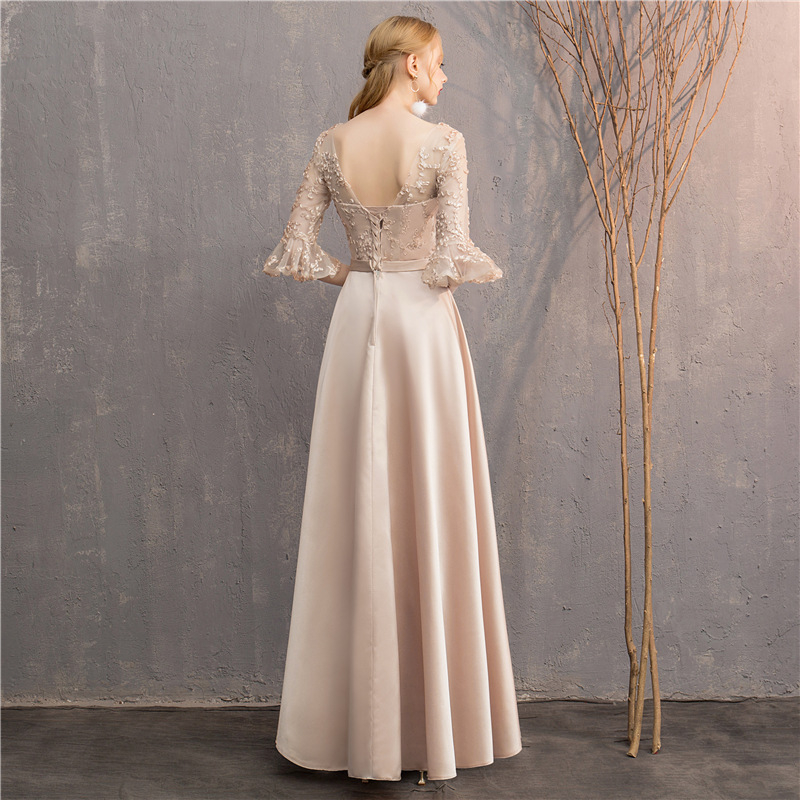 Kāzu līgavas draudzenes kleita - mežģīne, plecu atvērta, A līnija, garā svārka, 3/4 piedurknes