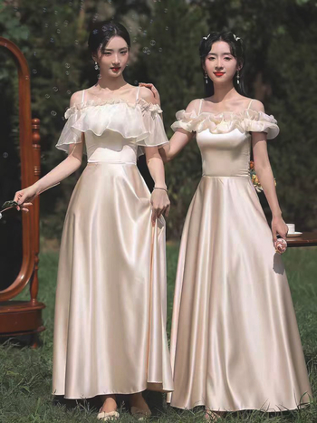 Satīna līgavas palīdzes kleita ar augstu jostu, vienā pleca kaklasaite, A līnija, gara, elegante