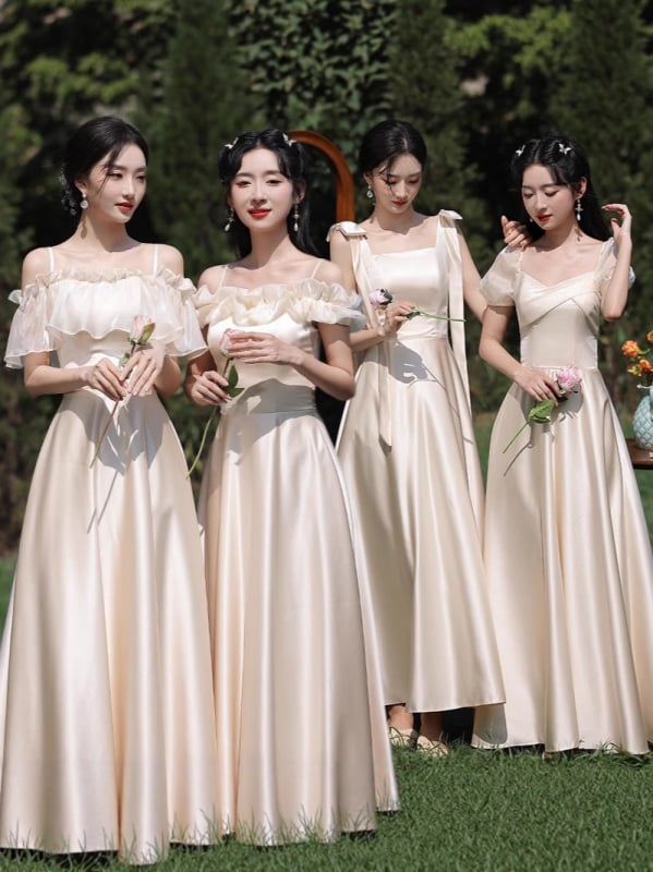 Satīna līgavas palīdzes kleita ar augstu jostu, vienā pleca kaklasaite, A līnija, gara, elegante