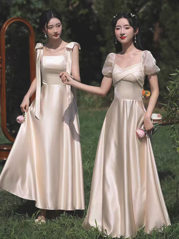 Satīna līgavas palīdzes kleita ar augstu jostu, vienā pleca kaklasaite, A līnija, gara, elegante