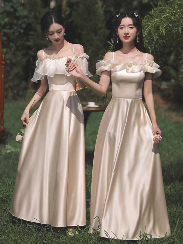 Satīna līgavas palīdzes kleita ar augstu jostu, vienā pleca kaklasaite, A līnija, gara, elegante