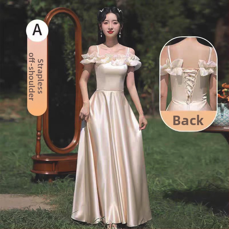 Satīna līgavas palīdzes kleita ar augstu jostu, vienā pleca kaklasaite, A līnija, gara, elegante