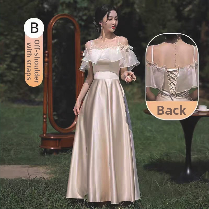 Satīna līgavas palīdzes kleita ar augstu jostu, vienā pleca kaklasaite, A līnija, gara, elegante