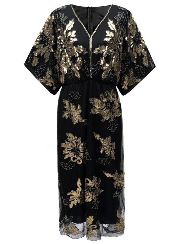 1920. gada retro vakara kleita ar pērļu un spīdumu detaļām, gara kleita, dziļš V kakla izgriezums, elastīgā josta, pusgarās/vidējās piedurknes