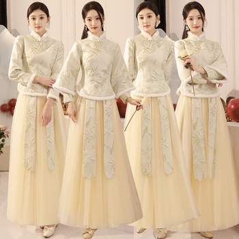 Ķīniešu stilā kāzu viesu kleita ar ziemas flīsa apdari, garas piedurknes, stāvkolā, grīdas garums